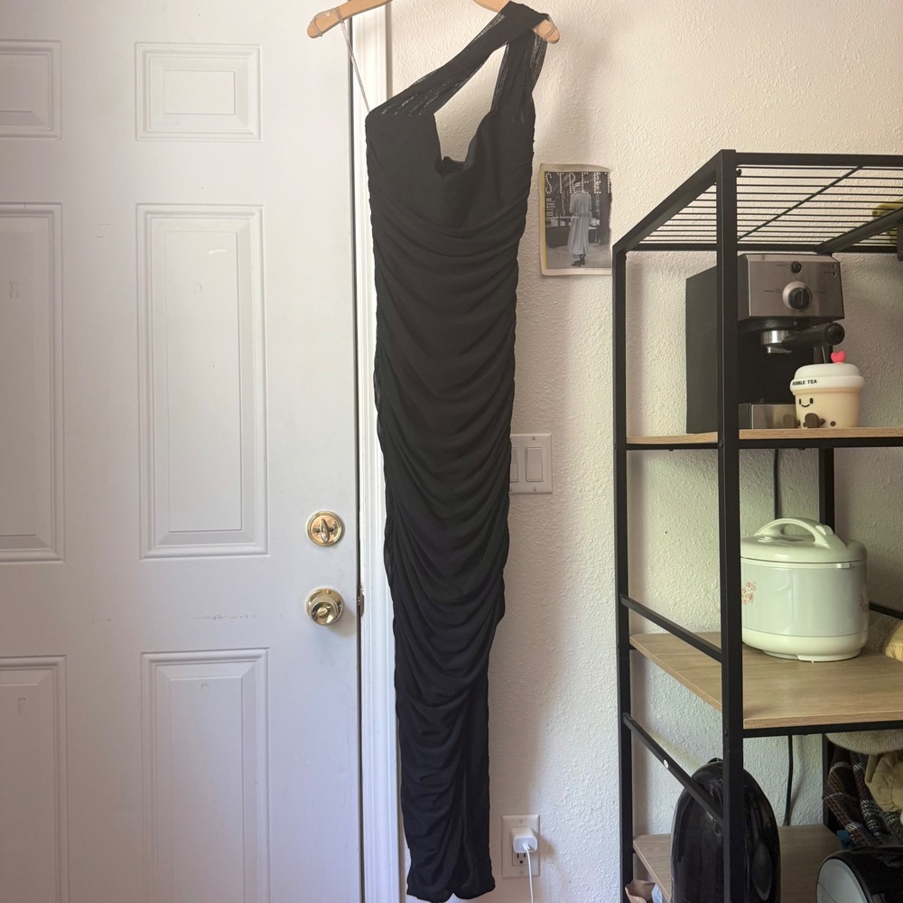 BABYBOO‎ black mesh knit ruched bodycon corset bustier sleeveless maxi dress